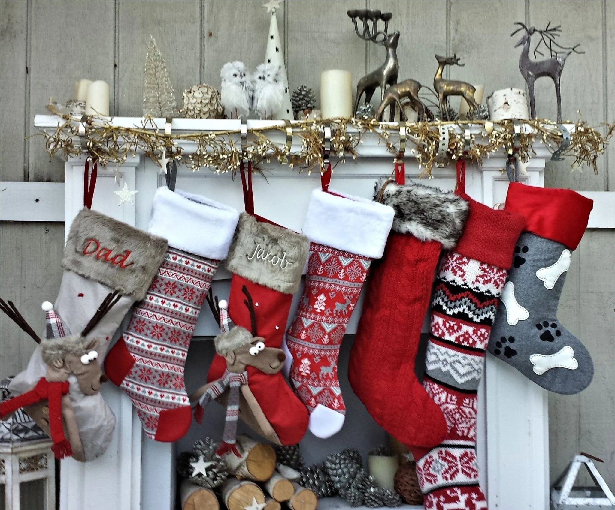 Reindeer Fun & Reindeer Knit Christmas Stockings Red White Gray Scandinavian Nordic Knitted Holiday Theme Kids Adults Personalized Christmas