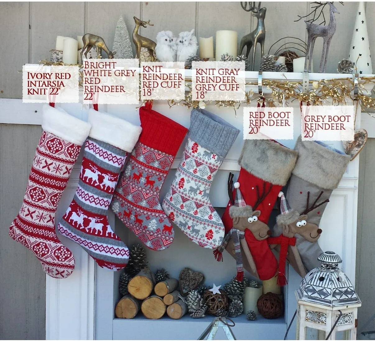 Reindeer Fun & Reindeer Knit Christmas Stockings Red White Gray Scandinavian Nordic Knitted Holiday Theme Kids Adults Personalized Christmas