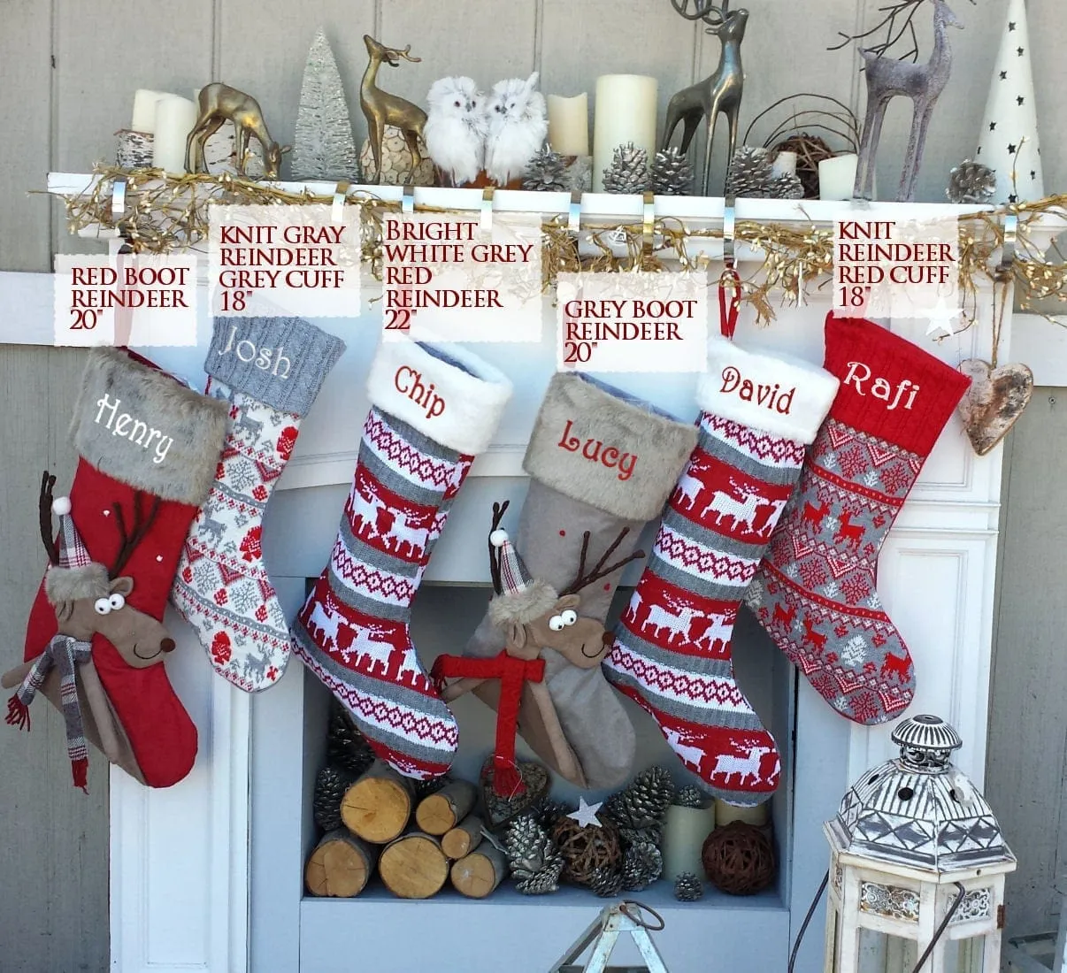 Reindeer Fun & Reindeer Knit Christmas Stockings Red White Gray Scandinavian Nordic Knitted Holiday Theme Kids Adults Personalized Christmas