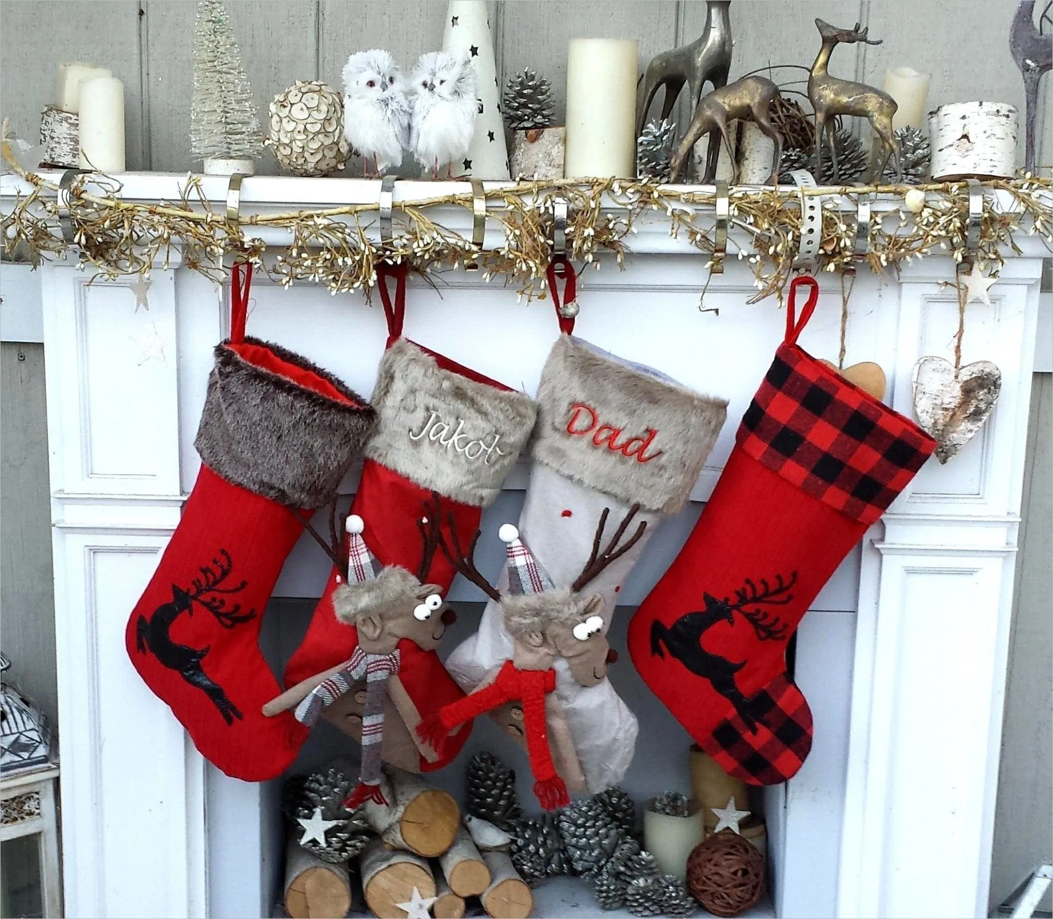 Reindeer Fun & Reindeer Knit Christmas Stockings Red White Gray Scandinavian Nordic Knitted Holiday Theme Kids Adults Personalized Christmas