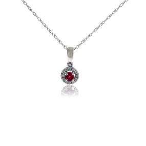 Round Red Emerald & Diamond Halo Pendant