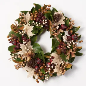 Rustic Autumn Harvest - Real Touch Magnolia with Cream & Brown Berries, Burgundy Pomegranate Fall Foliage Wreath