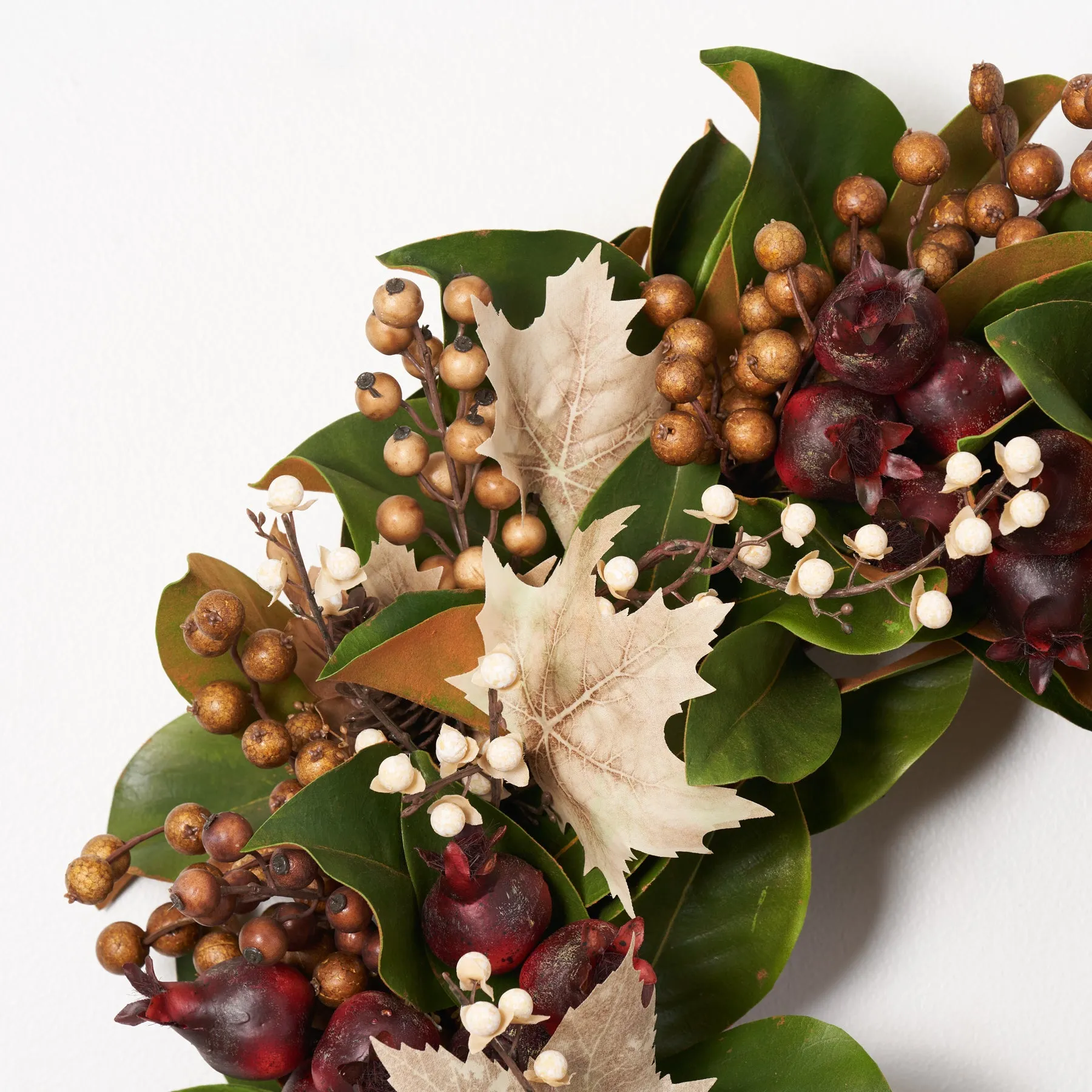 Rustic Autumn Harvest - Real Touch Magnolia with Cream & Brown Berries, Burgundy Pomegranate Fall Foliage Wreath