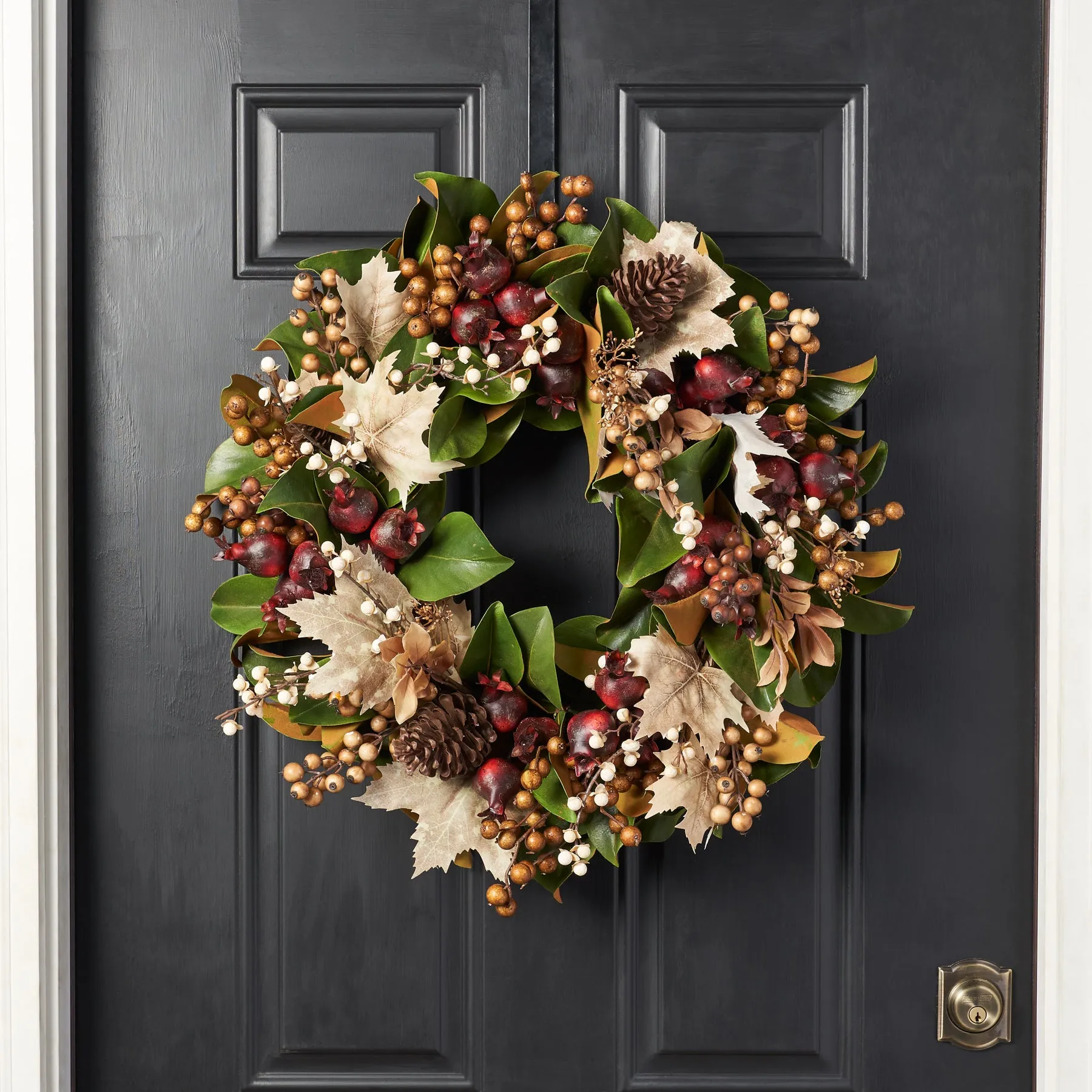 Rustic Autumn Harvest - Real Touch Magnolia with Cream & Brown Berries, Burgundy Pomegranate Fall Foliage Wreath