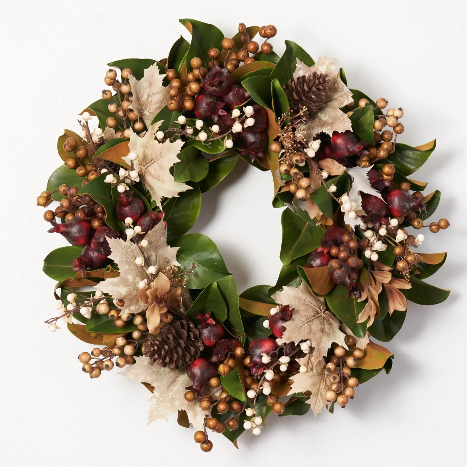 Rustic Autumn Harvest - Real Touch Magnolia with Cream & Brown Berries, Burgundy Pomegranate Fall Foliage Wreath