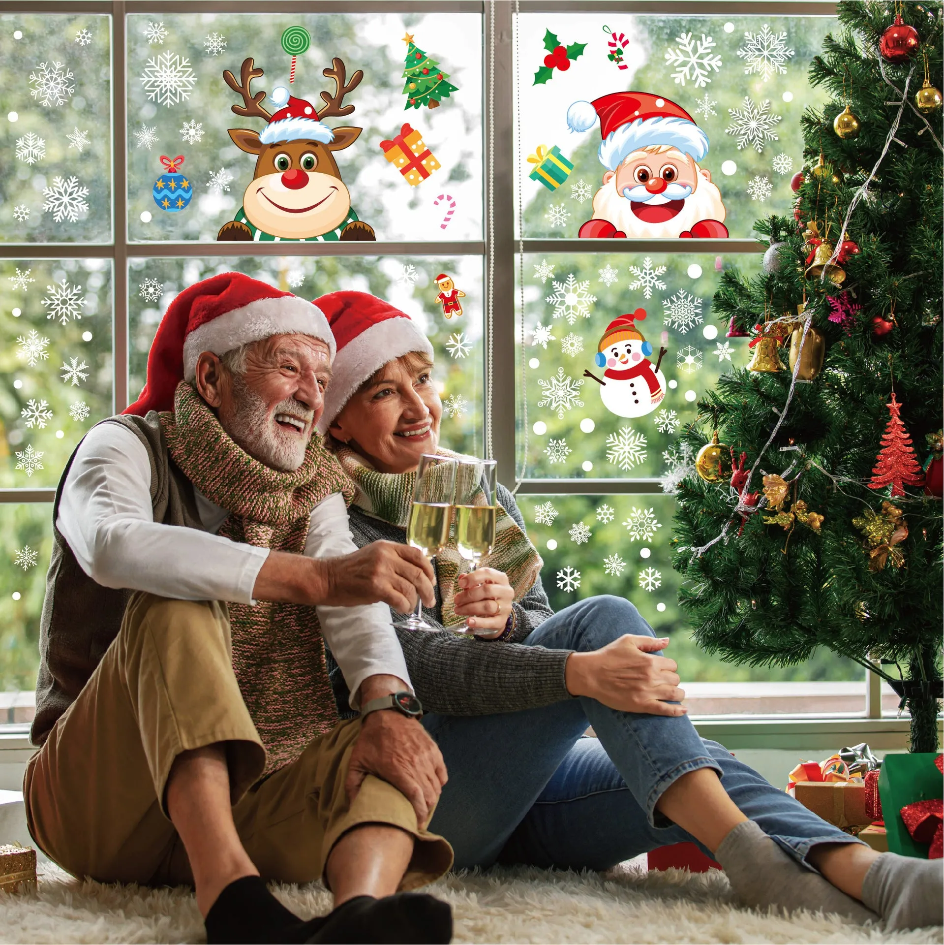 Santa & Elk Christmas Window Stickers