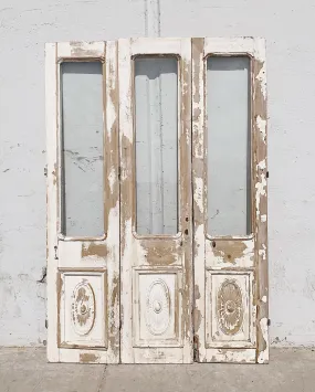 Set of 3 Panel Wood Carved Doors with Half Glass Lite