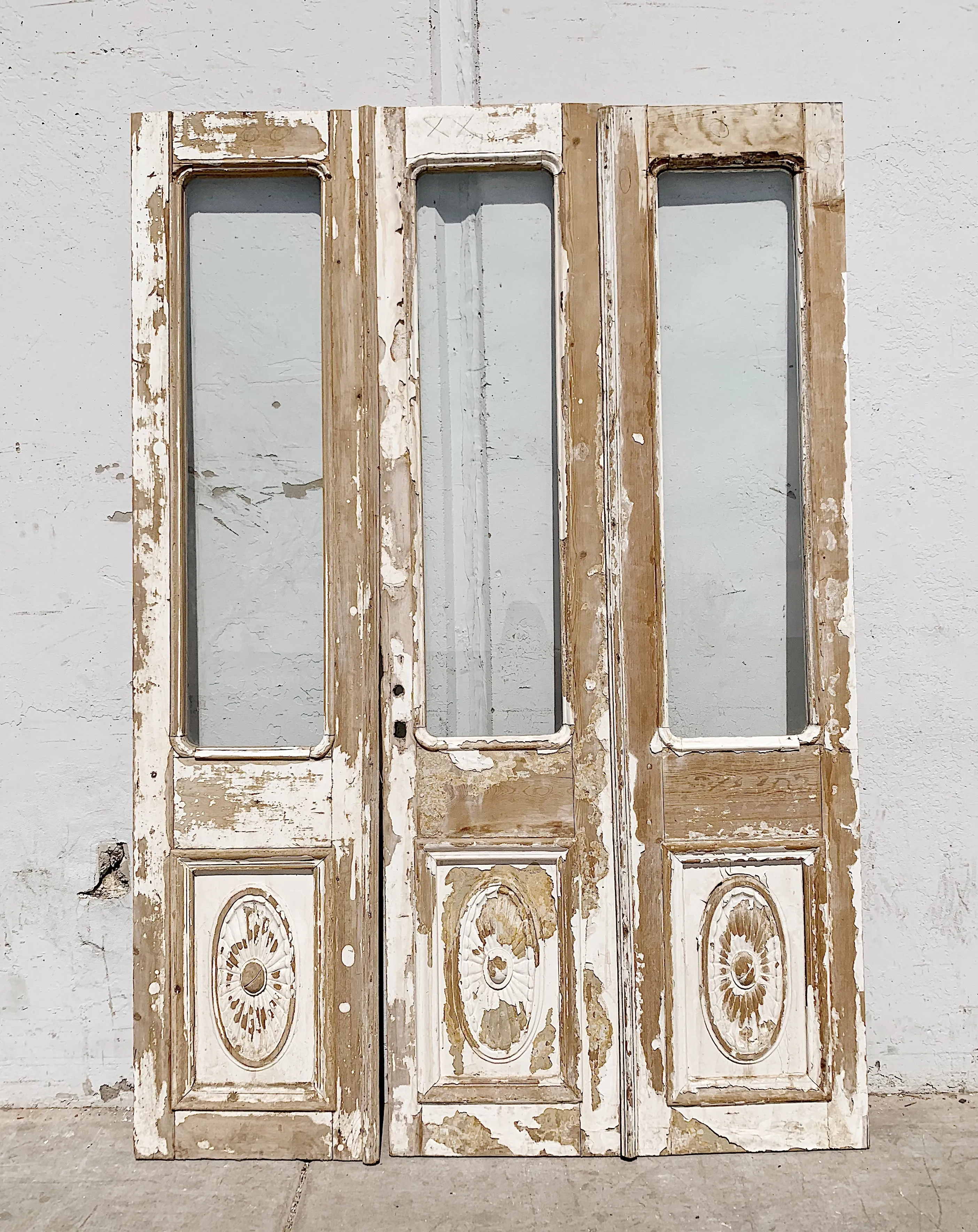 Set of 3 Panel Wood Carved Doors with Half Glass Lite