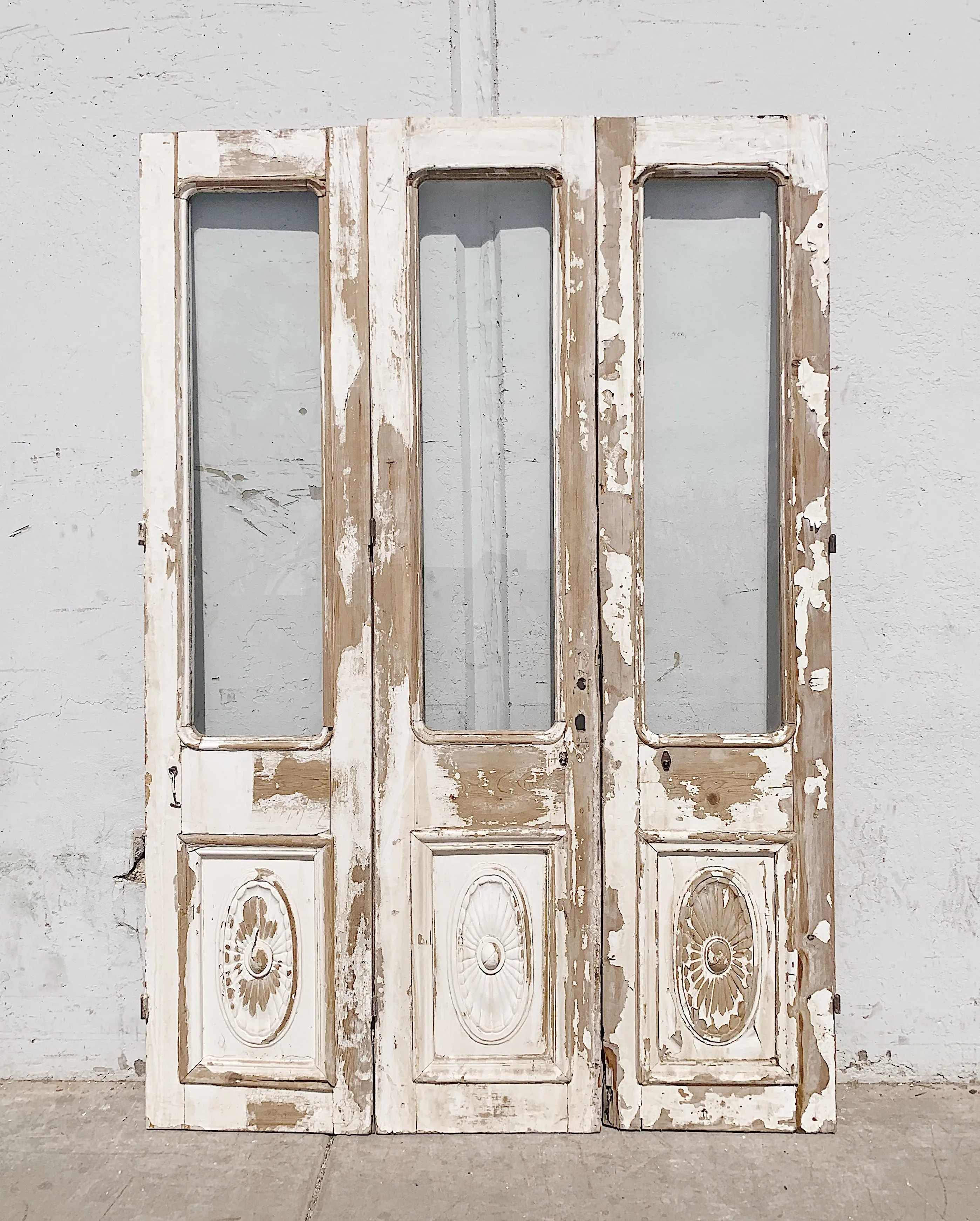 Set of 3 Panel Wood Carved Doors with Half Glass Lite