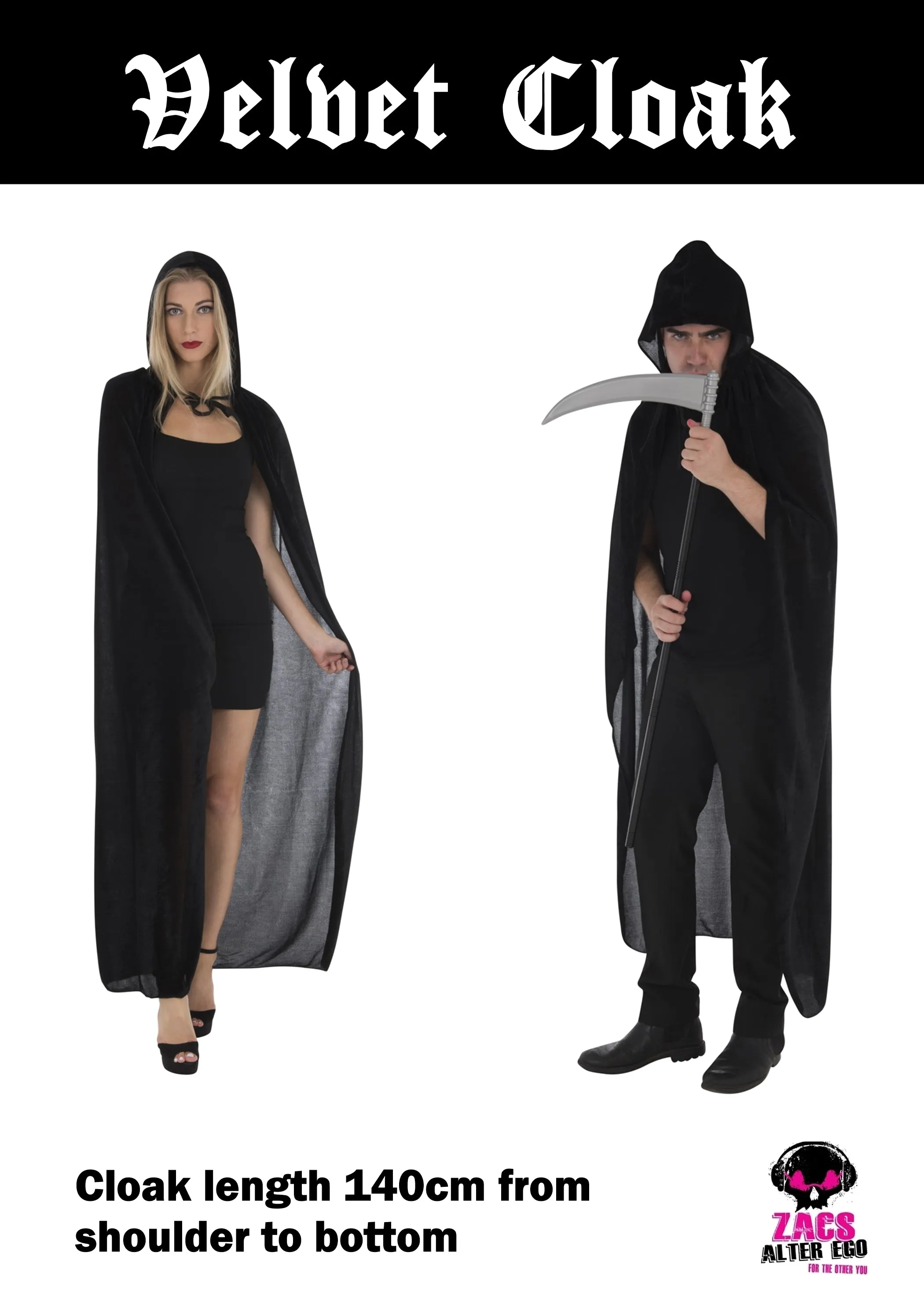 Unisex Fancy Dress Black Velvet Cloak Length 140cm