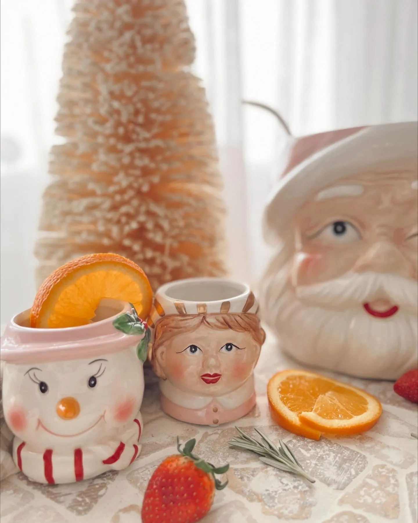 Vintage Pastel Santa Punch Bowl Set