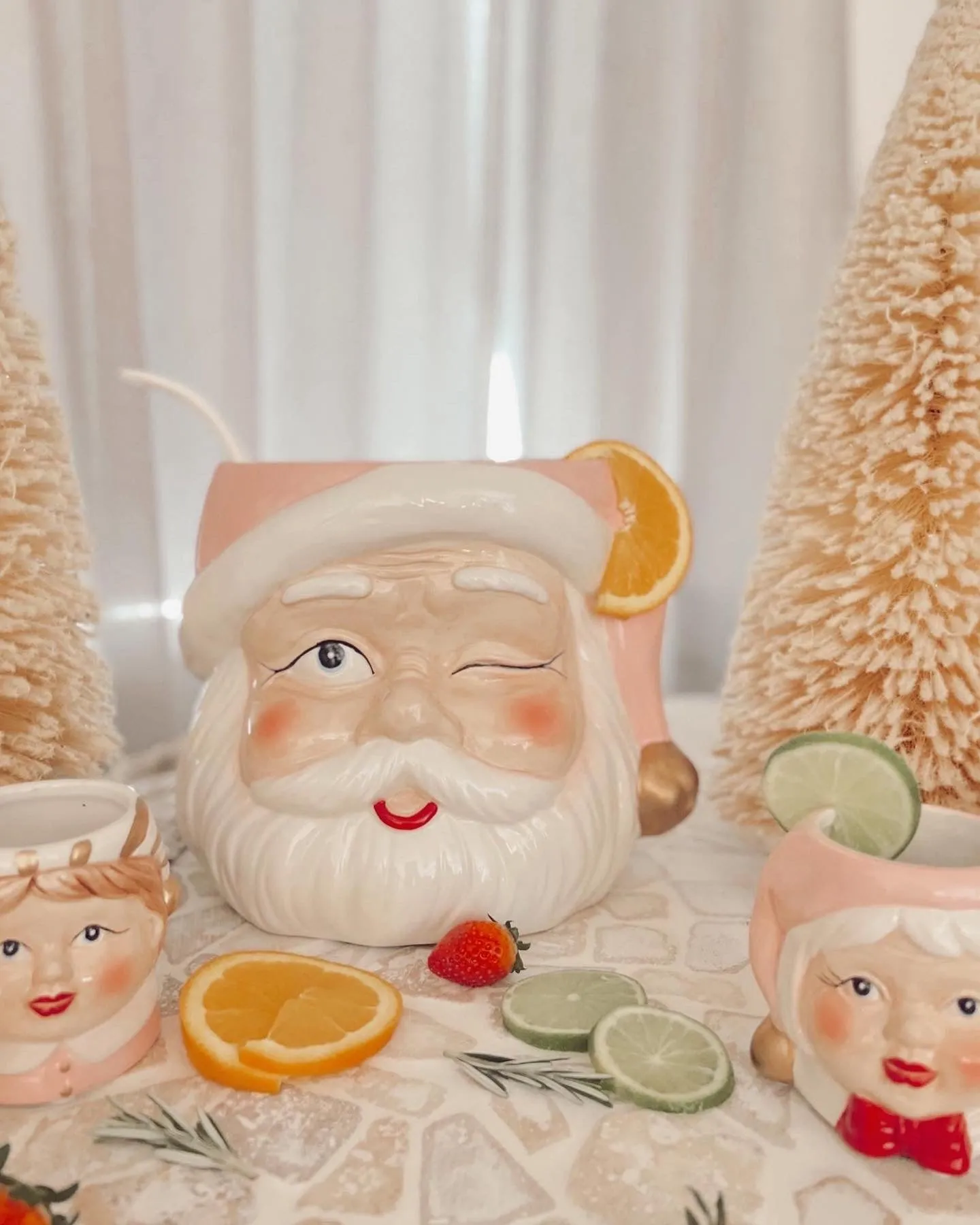 Vintage Pastel Santa Punch Bowl Set