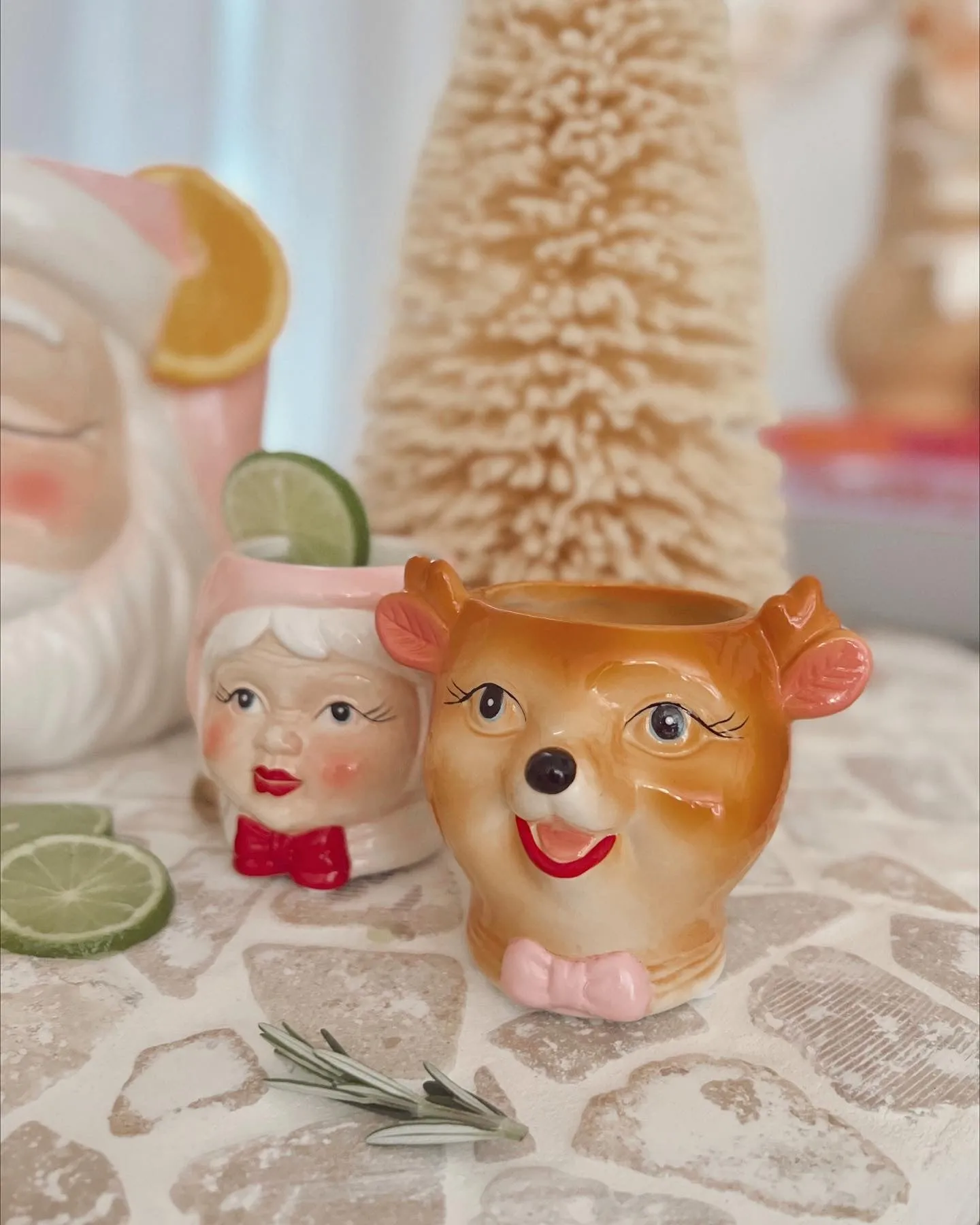 Vintage Pastel Santa Punch Bowl Set