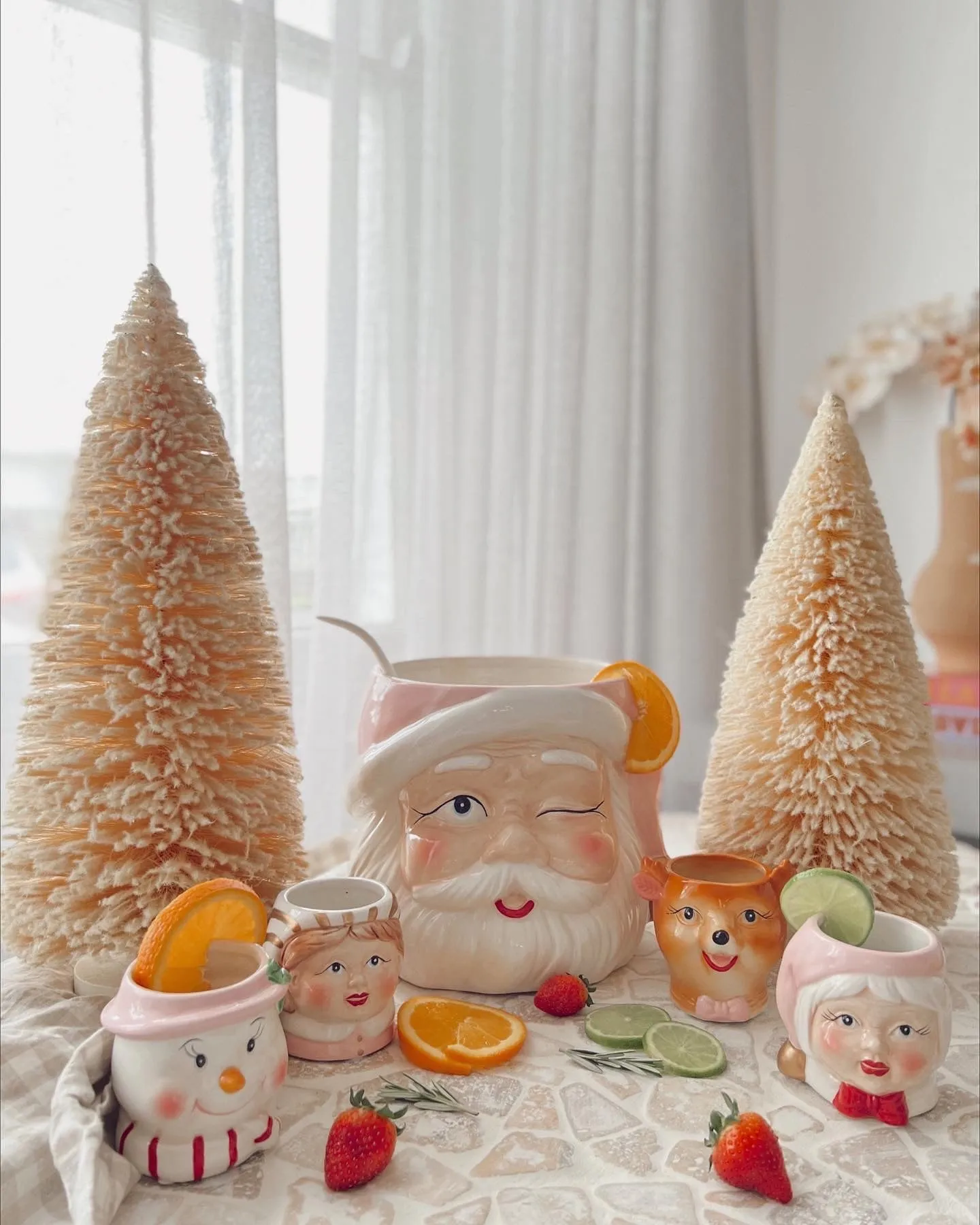 Vintage Pastel Santa Punch Bowl Set
