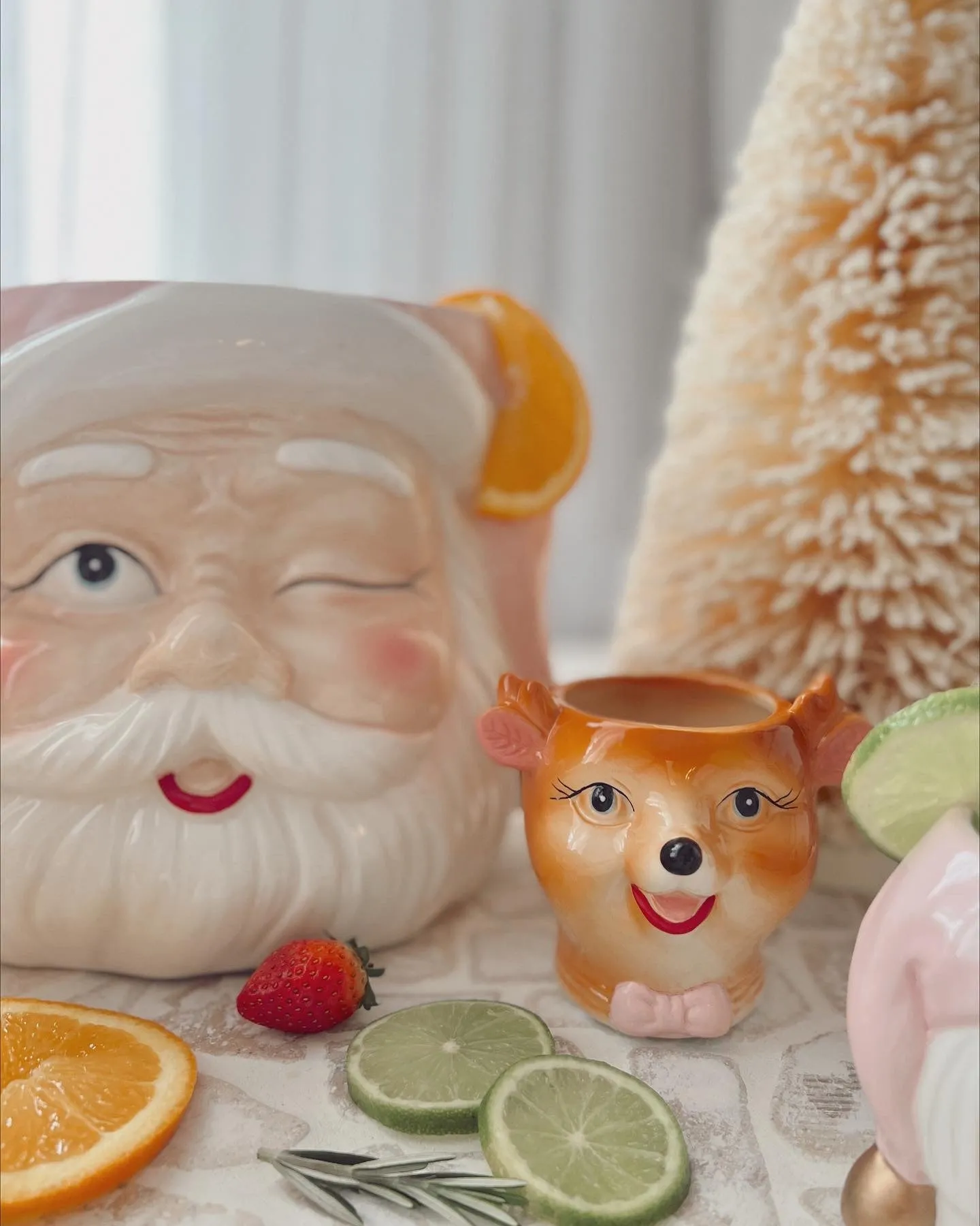 Vintage Pastel Santa Punch Bowl Set