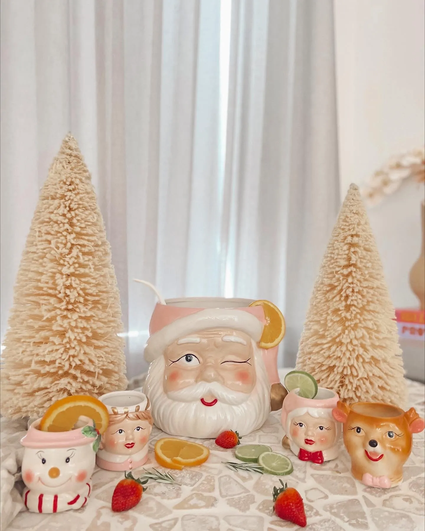 Vintage Pastel Santa Punch Bowl Set