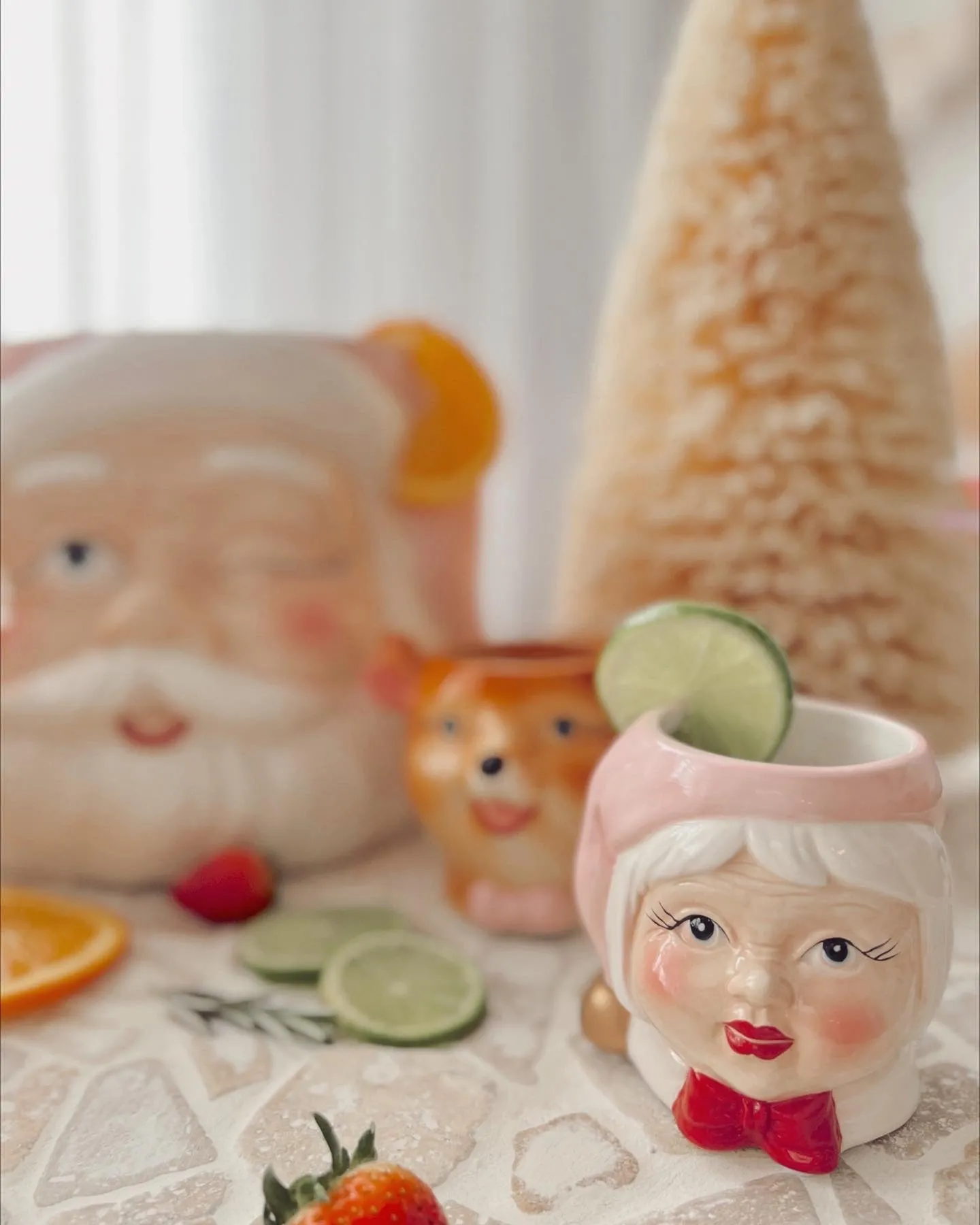 Vintage Pastel Santa Punch Bowl Set