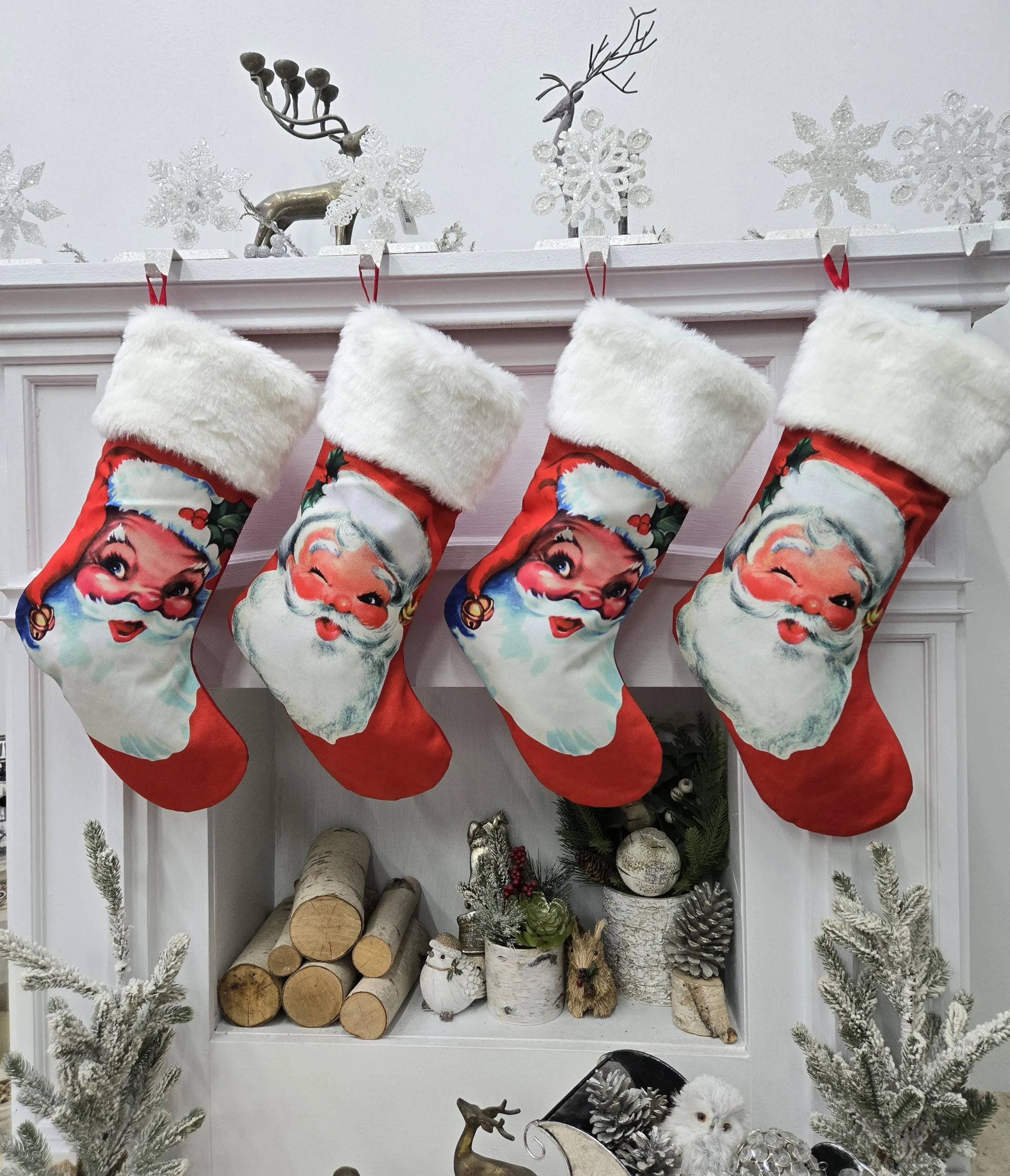 Vintage Santa Clause Christmas Stockings Personalized Embroidery or Name Tag Red White Plush Old World Finished Embroidered Vintage Looking