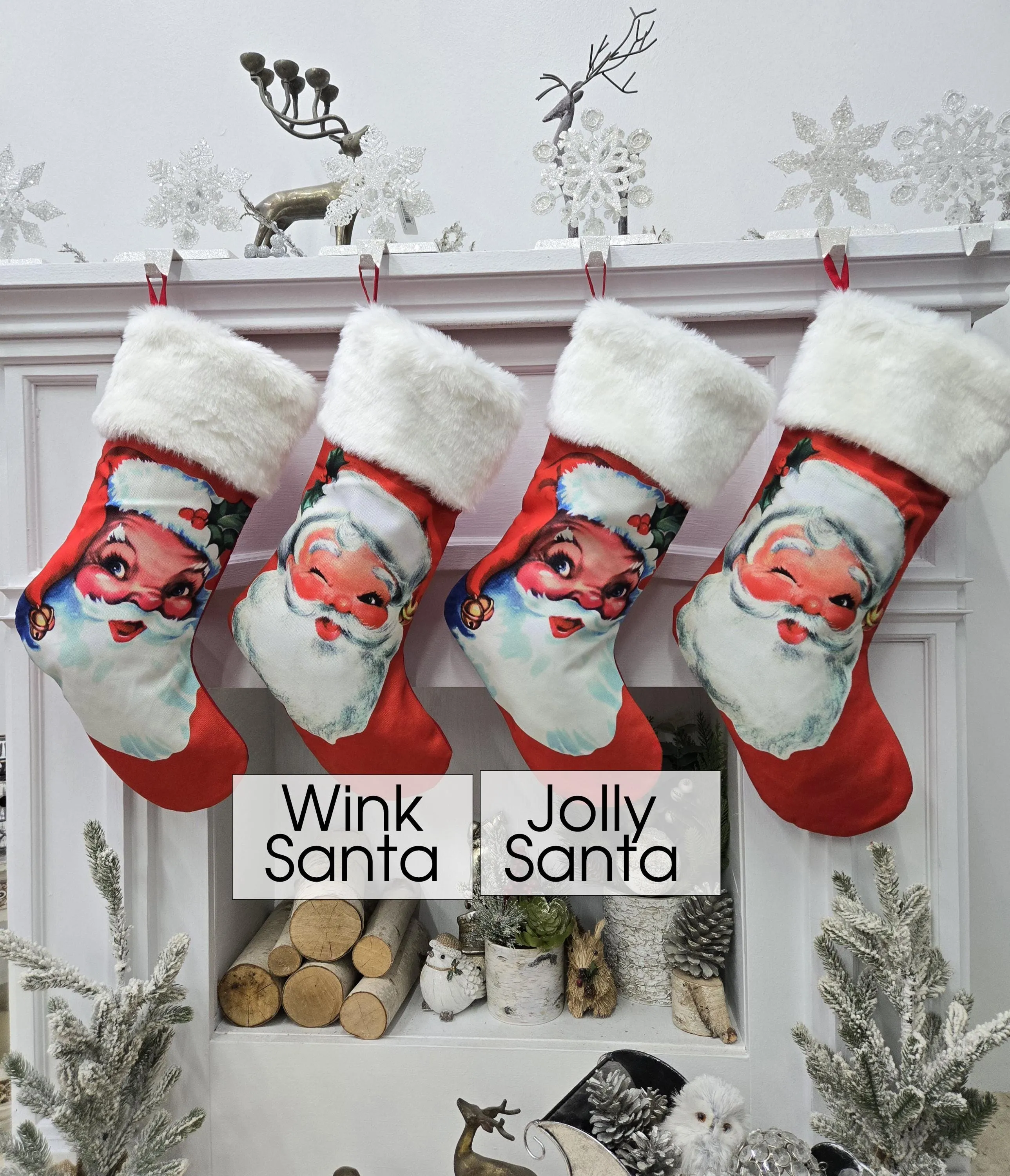Vintage Santa Clause Christmas Stockings Personalized Embroidery or Name Tag Red White Plush Old World Finished Embroidered Vintage Looking