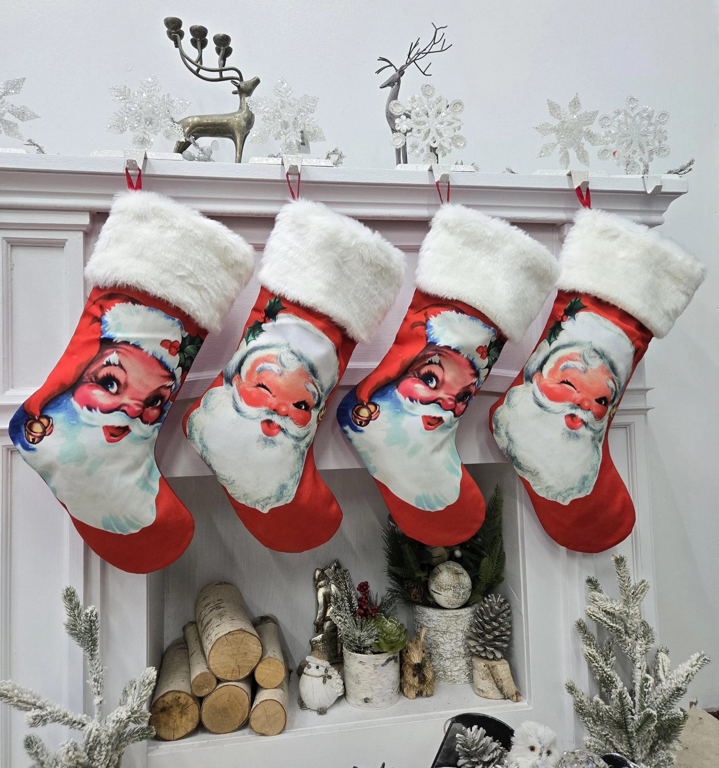 Vintage Santa Clause Christmas Stockings Personalized Embroidery or Name Tag Red White Plush Old World Finished Embroidered Vintage Looking