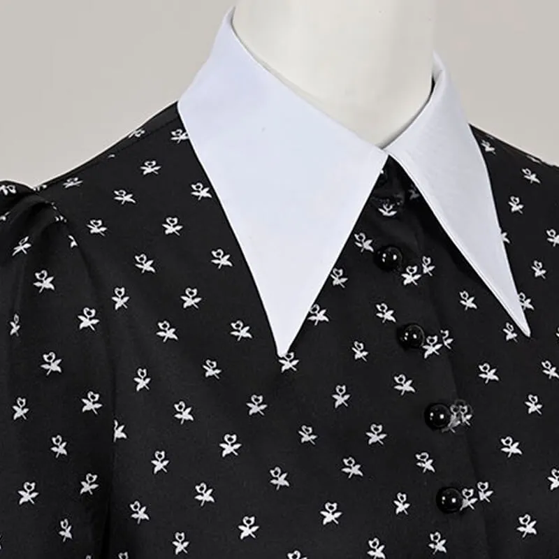 Wednesday Addams Dress Flowers Pattern White Collar