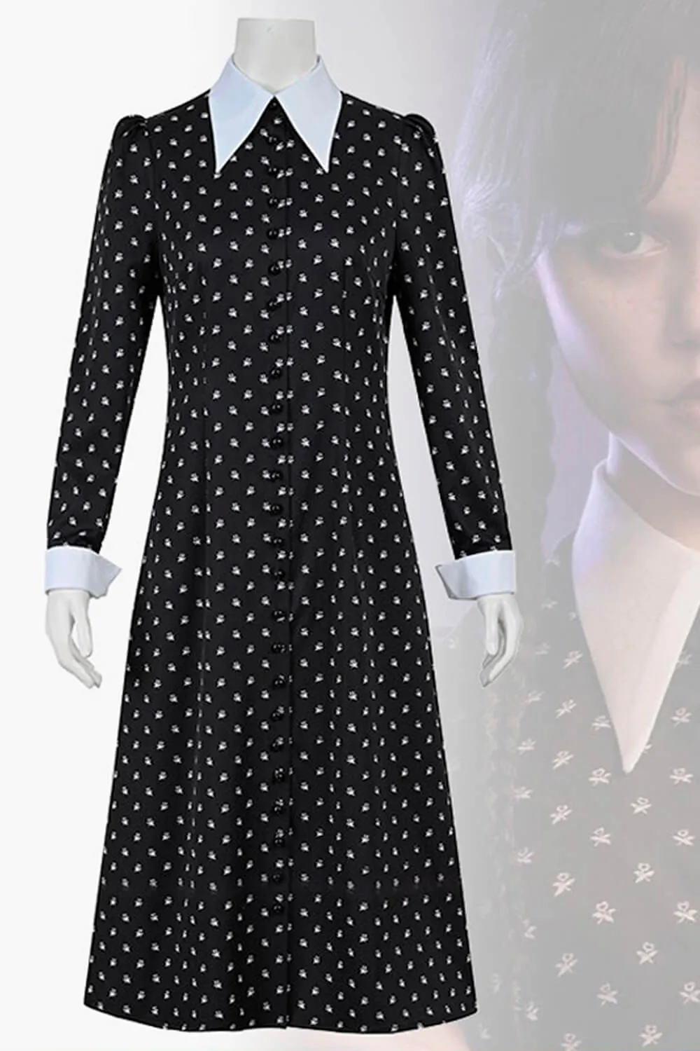 Wednesday Addams Dress Flowers Pattern White Collar