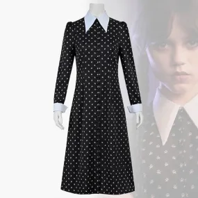Wednesday Addams Dress Flowers Pattern White Collar