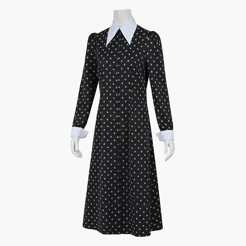 Wednesday Addams Dress Flowers Pattern White Collar