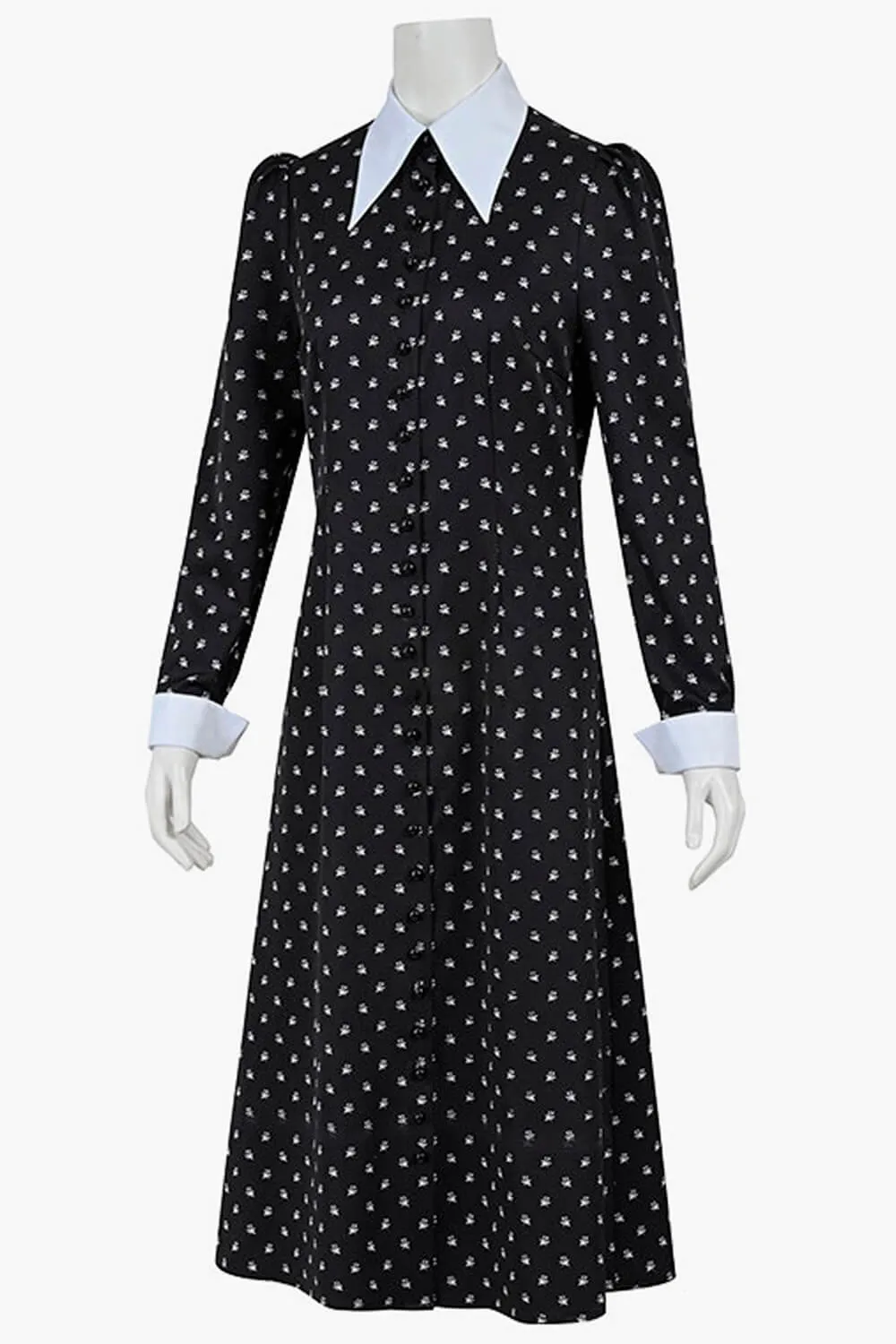 Wednesday Addams Dress Flowers Pattern White Collar