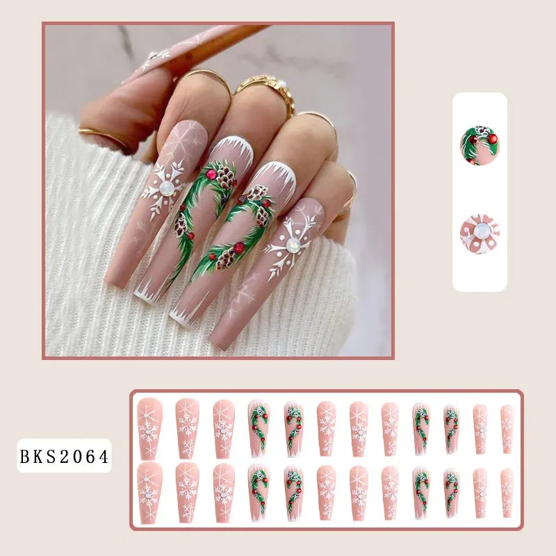 Wenkouban-24PCS Christmas Snow Elk Tree Fake Nails Reusable Stick On Nails Press on Full Cover 3D False Nail Tips DIY Manicure Dropship