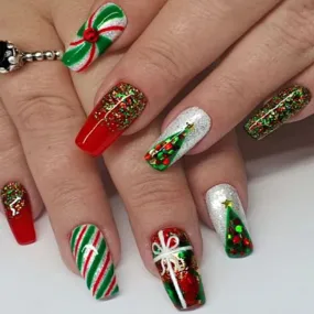Wenkouban-24PCS Christmas Snow Elk Tree Fake Nails Reusable Stick On Nails Press on Full Cover 3D False Nail Tips DIY Manicure Dropship