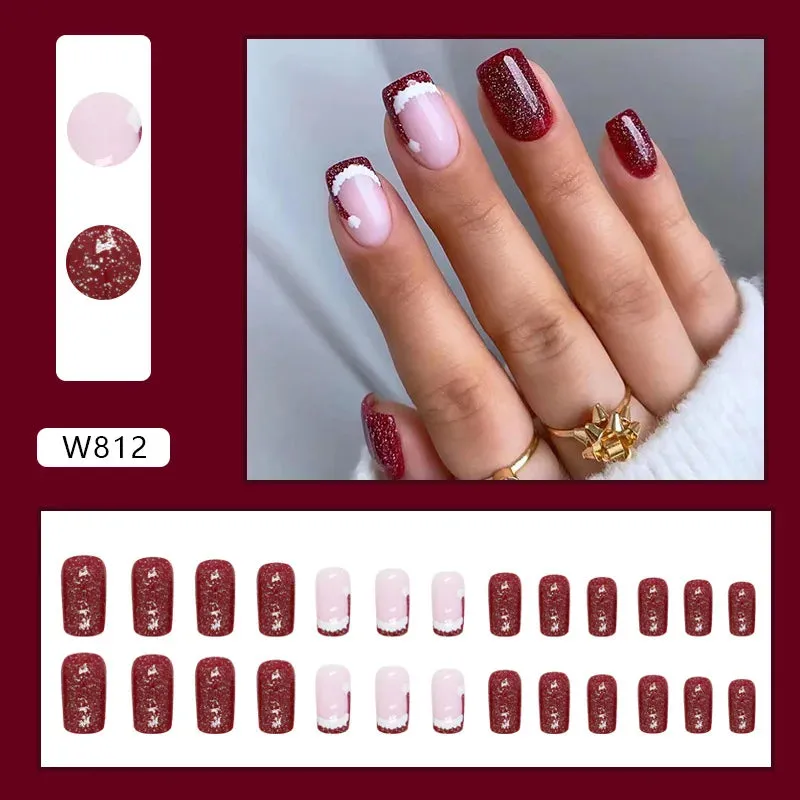 Wenkouban-24PCS Christmas Snow Elk Tree Fake Nails Reusable Stick On Nails Press on Full Cover 3D False Nail Tips DIY Manicure Dropship