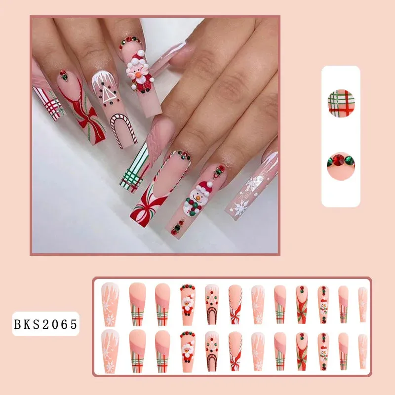 Wenkouban-24PCS Christmas Snow Elk Tree Fake Nails Reusable Stick On Nails Press on Full Cover 3D False Nail Tips DIY Manicure Dropship