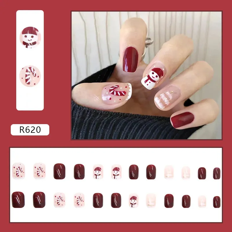 Wenkouban-24PCS Christmas Snow Elk Tree Fake Nails Reusable Stick On Nails Press on Full Cover 3D False Nail Tips DIY Manicure Dropship