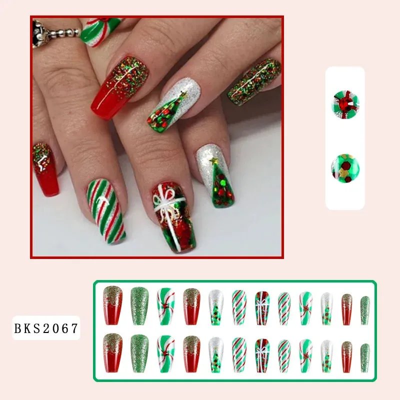 Wenkouban-24PCS Christmas Snow Elk Tree Fake Nails Reusable Stick On Nails Press on Full Cover 3D False Nail Tips DIY Manicure Dropship