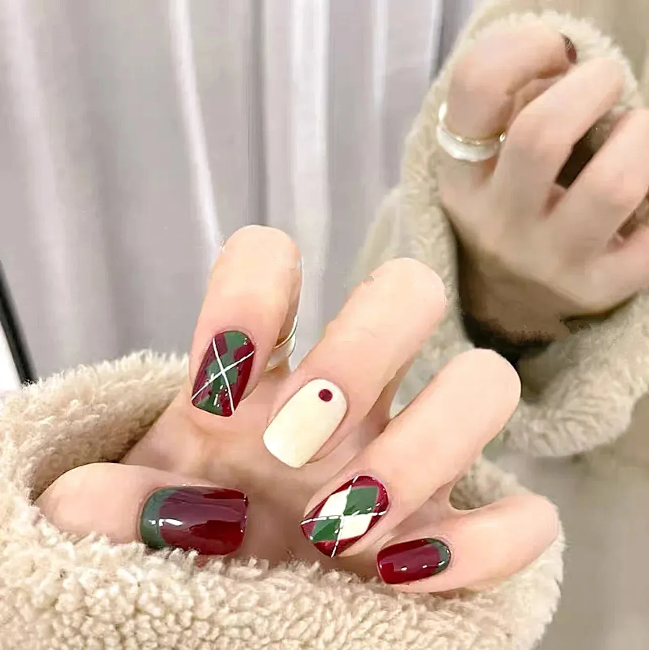 Wenkouban-24PCS Christmas Snow Elk Tree Fake Nails Reusable Stick On Nails Press on Full Cover 3D False Nail Tips DIY Manicure Dropship