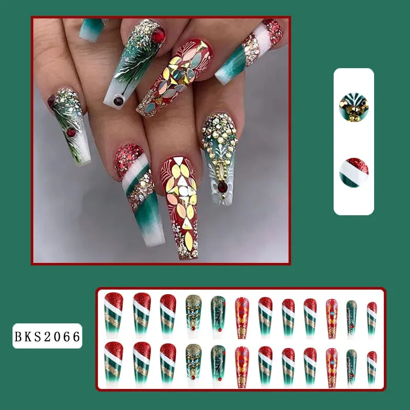 Wenkouban-24PCS Christmas Snow Elk Tree Fake Nails Reusable Stick On Nails Press on Full Cover 3D False Nail Tips DIY Manicure Dropship