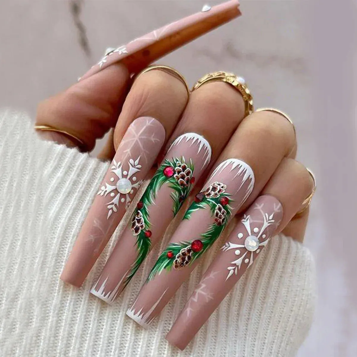 Wenkouban-24PCS Christmas Snow Elk Tree Fake Nails Reusable Stick On Nails Press on Full Cover 3D False Nail Tips DIY Manicure Dropship