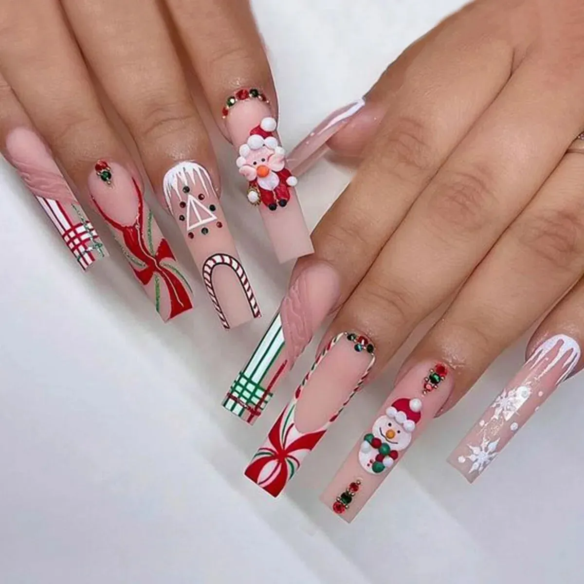 Wenkouban-24PCS Christmas Snow Elk Tree Fake Nails Reusable Stick On Nails Press on Full Cover 3D False Nail Tips DIY Manicure Dropship