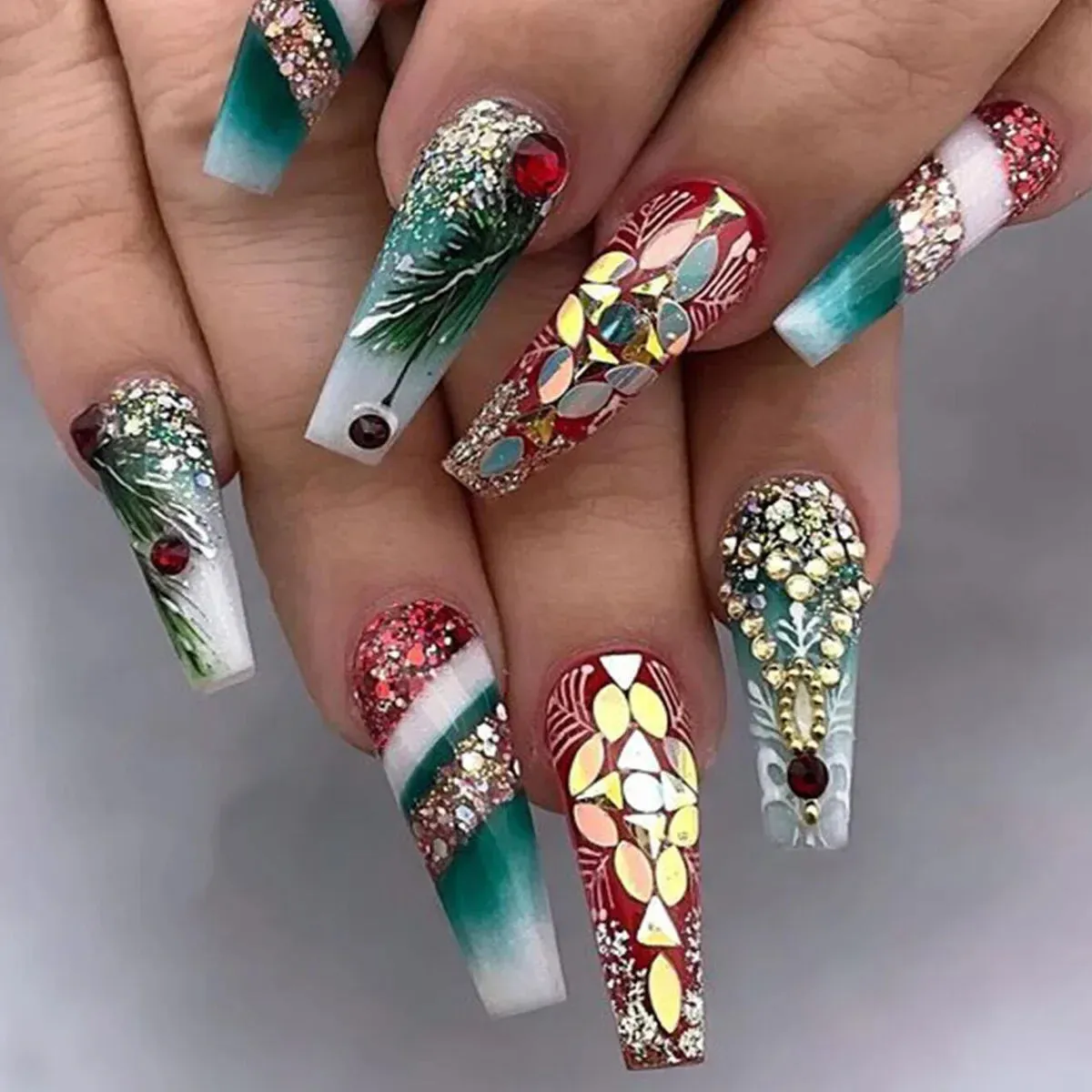 Wenkouban-24PCS Christmas Snow Elk Tree Fake Nails Reusable Stick On Nails Press on Full Cover 3D False Nail Tips DIY Manicure Dropship