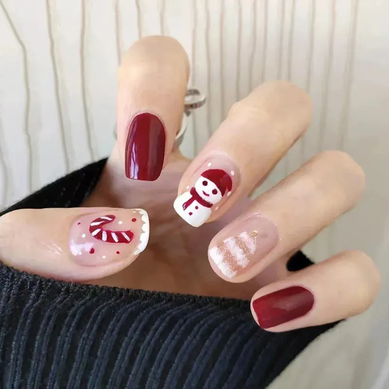 Wenkouban-24PCS Christmas Snow Elk Tree Fake Nails Reusable Stick On Nails Press on Full Cover 3D False Nail Tips DIY Manicure Dropship