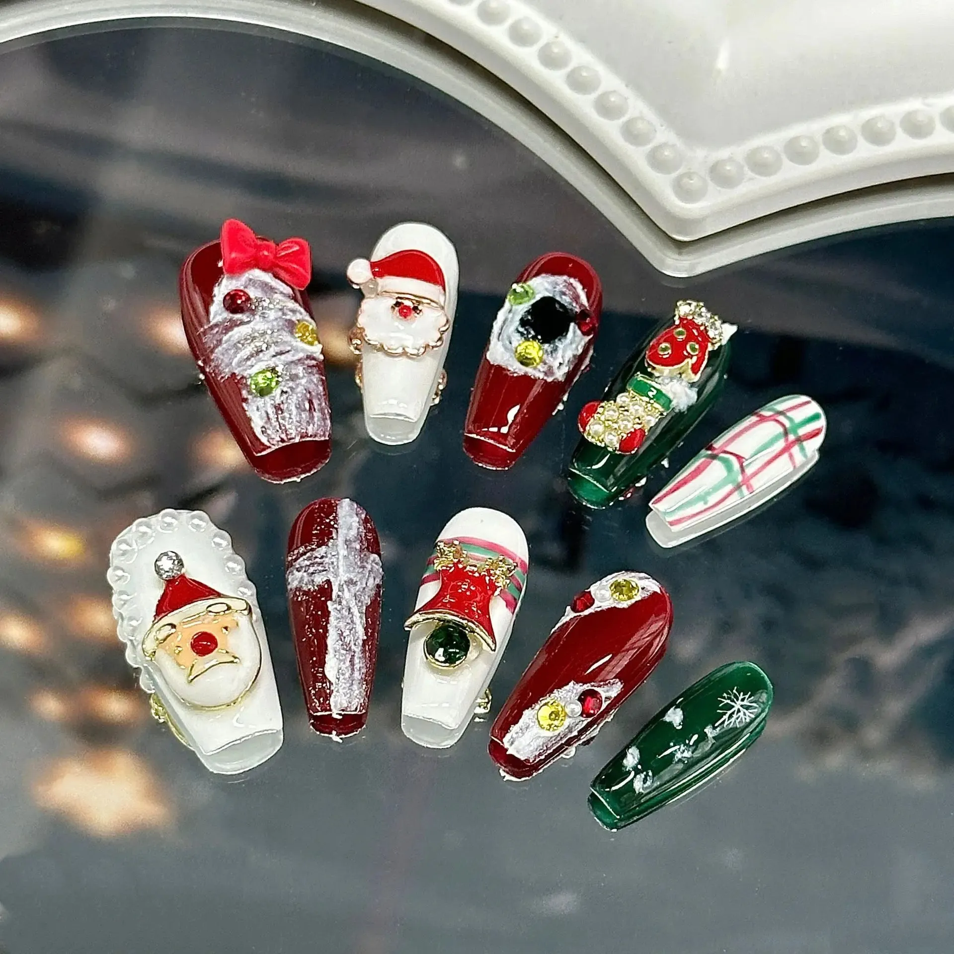 Wenkouban-24PCS Christmas Snow Elk Tree Fake Nails Reusable Stick On Nails Press on Full Cover 3D False Nail Tips DIY Manicure Dropship
