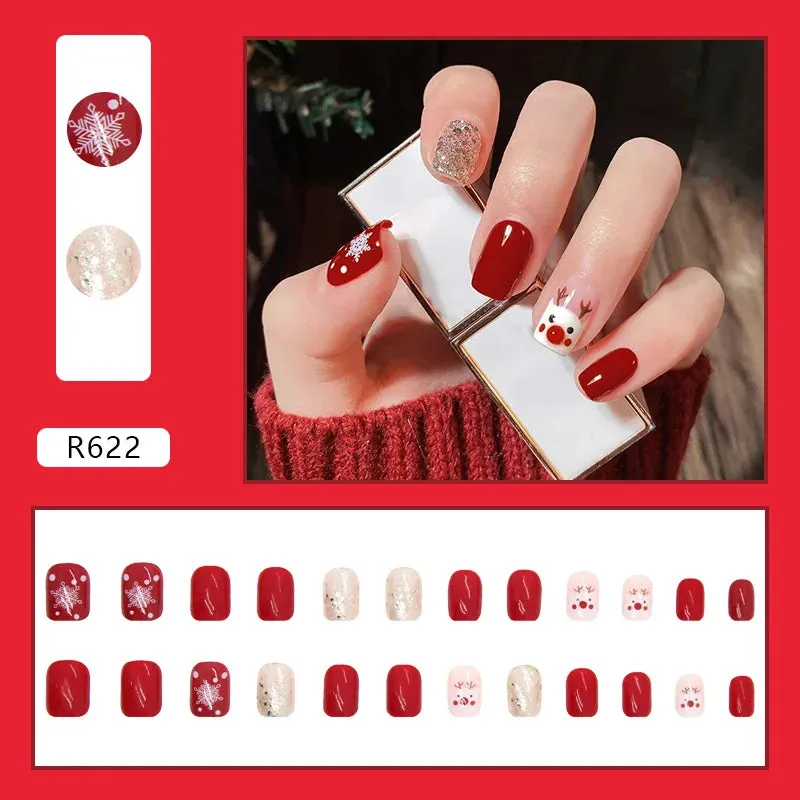 Wenkouban-24PCS Christmas Snow Elk Tree Fake Nails Reusable Stick On Nails Press on Full Cover 3D False Nail Tips DIY Manicure Dropship