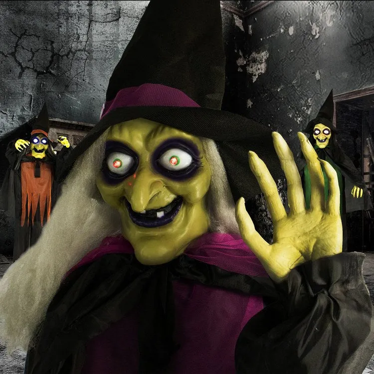 Willow, Wilma, and Winney the Witches Life-Size Animatronic Poseable Indoor/Outdoor Halloween Decoration