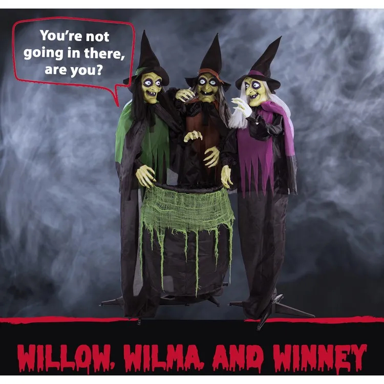 Willow, Wilma, and Winney the Witches Life-Size Animatronic Poseable Indoor/Outdoor Halloween Decoration