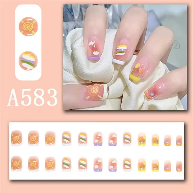 Wjczt Box New Christmas Elk Snowflake Fake Nails Artificial Short Round Press on Acrylic Nails Tips Coffin Nail with Glue