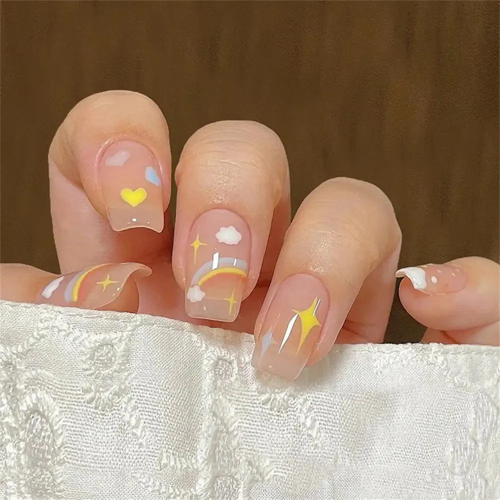 Wjczt Box New Christmas Elk Snowflake Fake Nails Artificial Short Round Press on Acrylic Nails Tips Coffin Nail with Glue