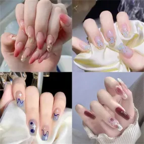 Wjczt Box New Christmas Elk Snowflake Fake Nails Artificial Short Round Press on Acrylic Nails Tips Coffin Nail with Glue