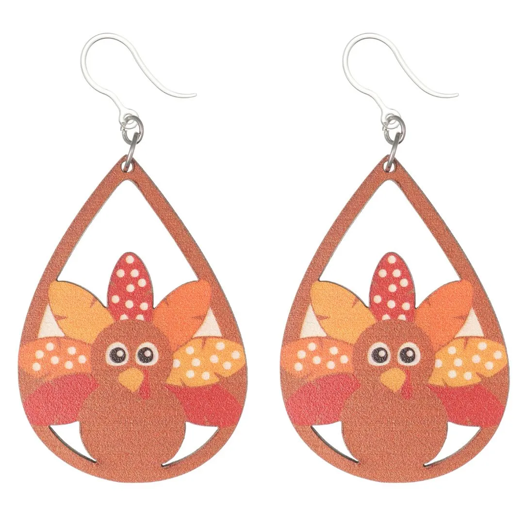 Wooden Turkey Dangles Hypoallergenic Earrings for Sensitive Ears Made with Plastic Posts
