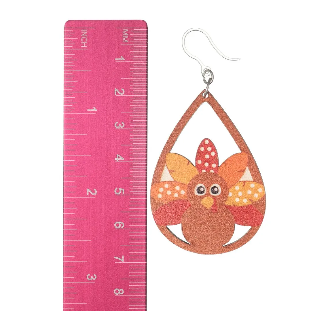 Wooden Turkey Dangles Hypoallergenic Earrings for Sensitive Ears Made with Plastic Posts